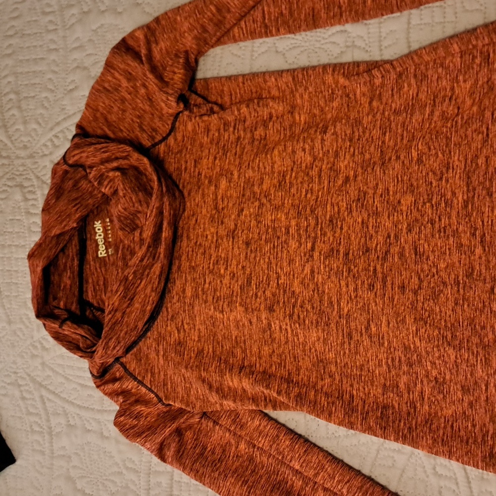 Reebok orange/pink with navy cowl neck layer with thumb holes, size medium.